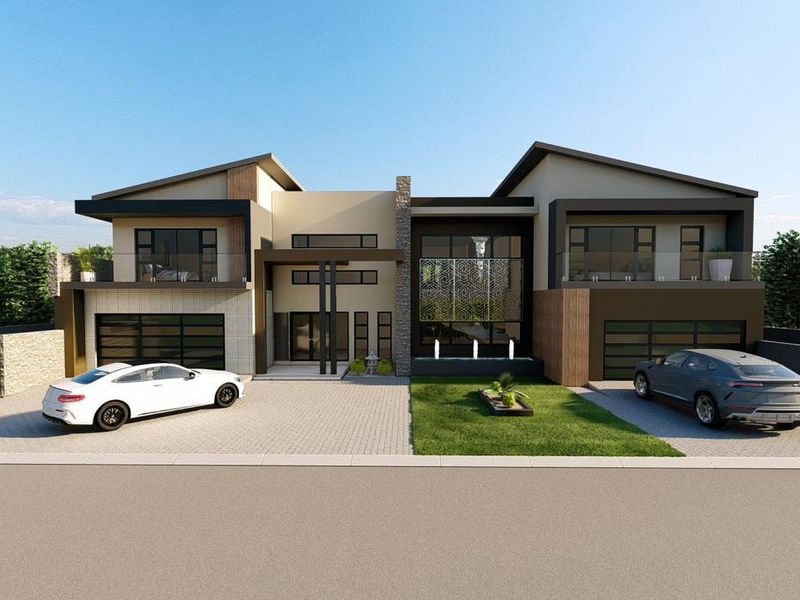 A modern double-story residential facade featuring a paved driveway, double garages, and contemporary architectural design elements.
