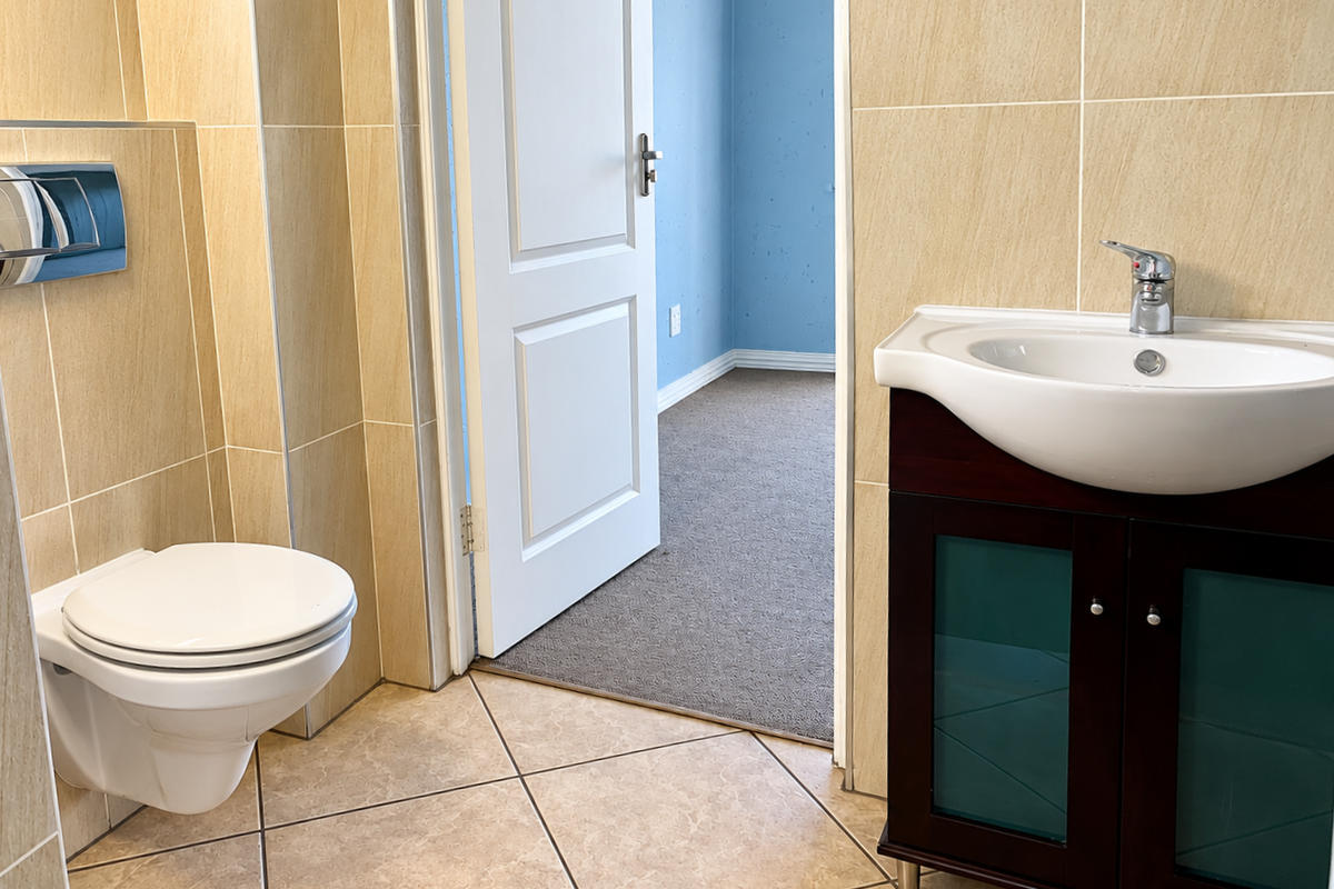 A clean, modern bathroom featuring a wall-mounted toilet, a vanity cabinet with a basin, and neutral wall and floor tiling.