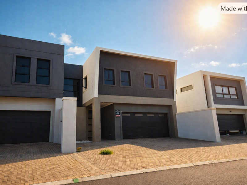 Modern double-story residential property featuring a contemporary facade, paved driveway, and integrated double garage.
