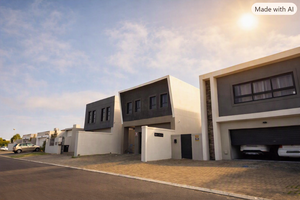 Modern residential street view featuring contemporary architectural facades, paved driveways, and integrated garage access.