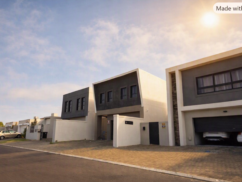 Modern residential street view featuring contemporary architectural facades, paved driveways, and integrated garage access.