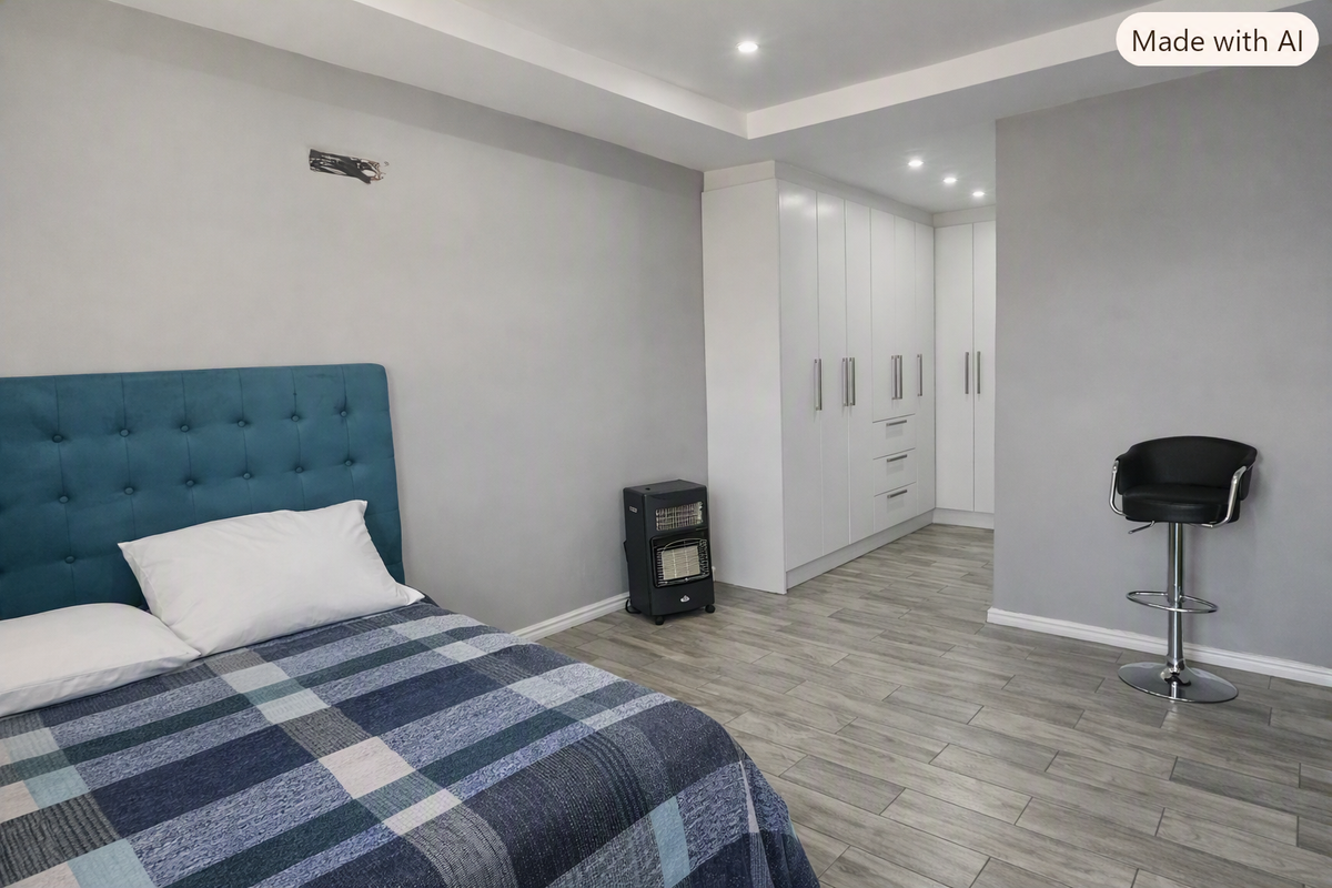 A modern bedroom featuring neutral grey walls, light wood-look tiled flooring, and extensive white built-in cabinetry with integrated recessed ceiling lighting.