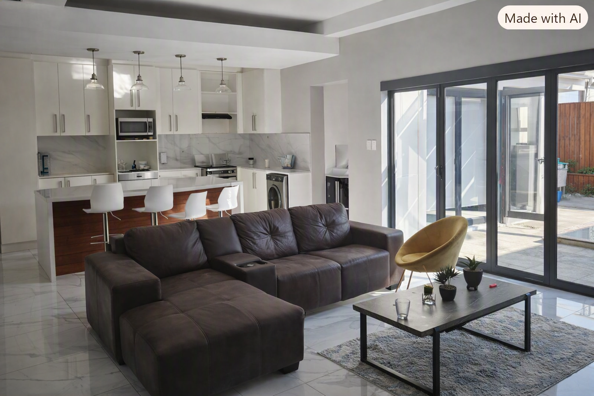 Modern open-plan living and kitchen area featuring sleek white cabinetry, a central island, marble-look finishes, and large sliding doors opening to the patio.
