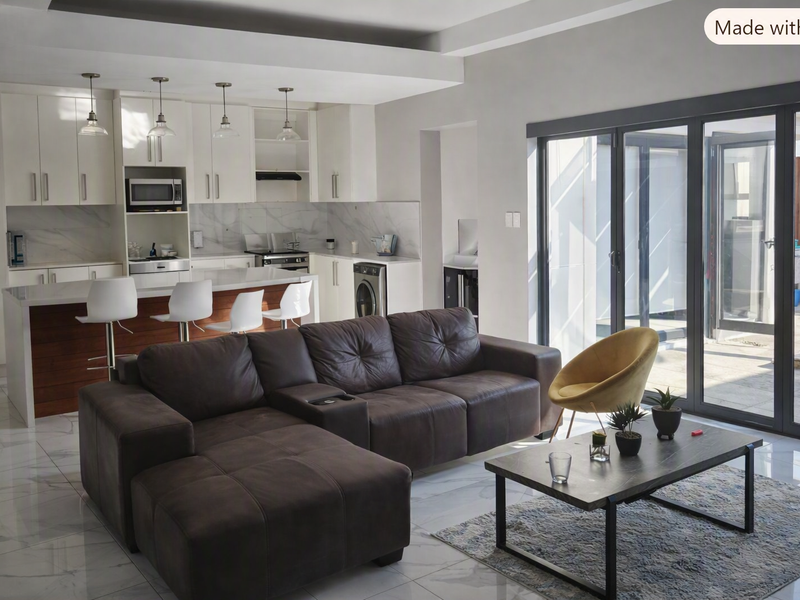 Modern open-plan living and kitchen area featuring sleek white cabinetry, a central island, marble-look finishes, and large sliding doors opening to the patio.