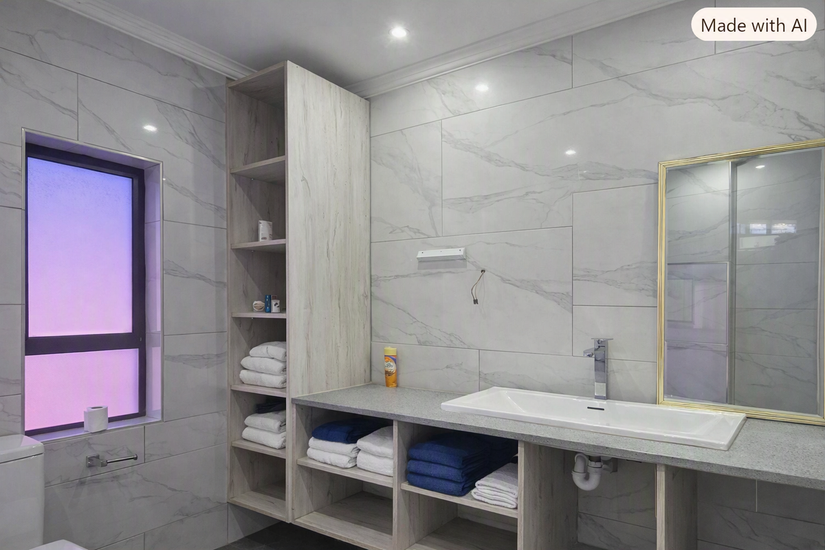 Modern bathroom featuring marble-look wall tiles, a stone vanity countertop with integrated sink, built-in shelving, and a wall-mounted mirror.
