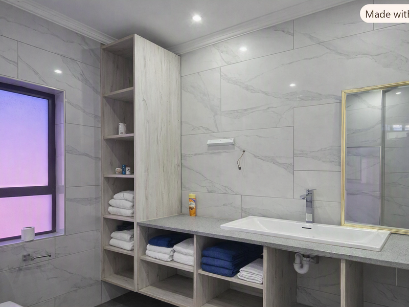 Modern bathroom featuring marble-look wall tiles, a stone vanity countertop with integrated sink, built-in shelving, and a wall-mounted mirror.