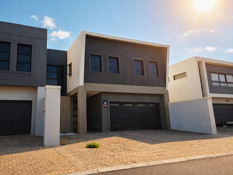 Modern double-story residential property featuring a paved driveway, integrated double garage, and contemporary architectural facade.