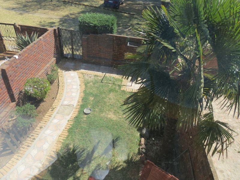 An elevated view of a private rear garden featuring a brick boundary wall, paved walkway, and established palm tree.