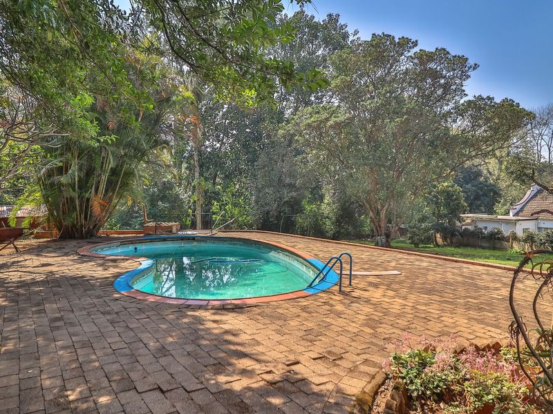A spacious outdoor pool area featuring a kidney-shaped swimming pool surrounded by extensive brick paving and mature garden landscaping.
