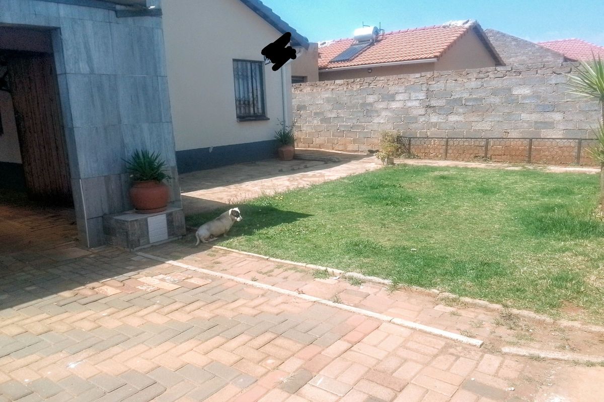 Rear exterior view of the property featuring a paved driveway, lawn area, and concrete block boundary wall with a solar water heater installed.