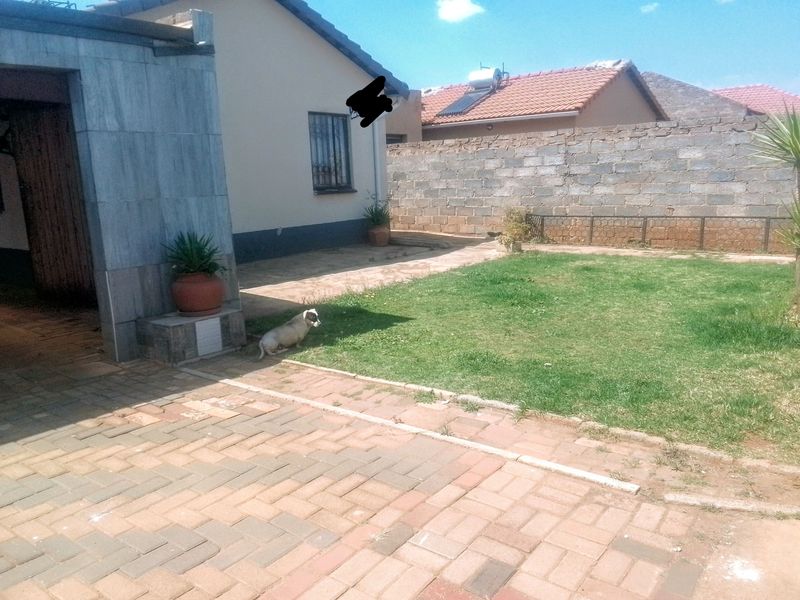 Rear exterior view of the property featuring a paved driveway, lawn area, and concrete block boundary wall with a solar water heater installed.