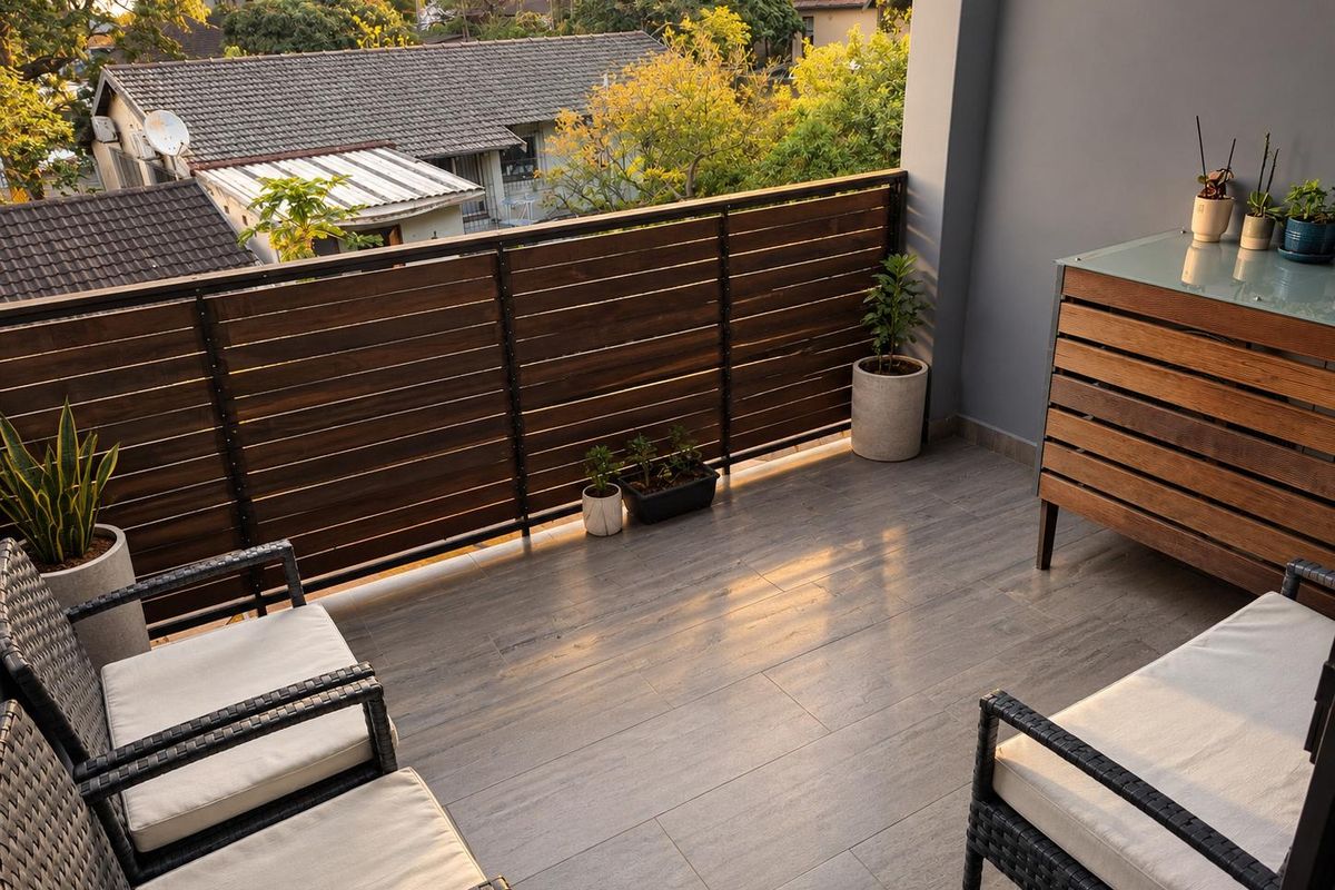 A well-maintained balcony featuring modern timber slat balustrades and durable tiled flooring, offering a pleasant outdoor space with neighbourhood views.