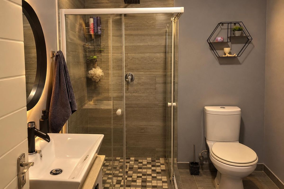 Modern bathroom featuring a glass-enclosed shower with rain shower head, wall-mounted basin, and contemporary tiled finishes.
