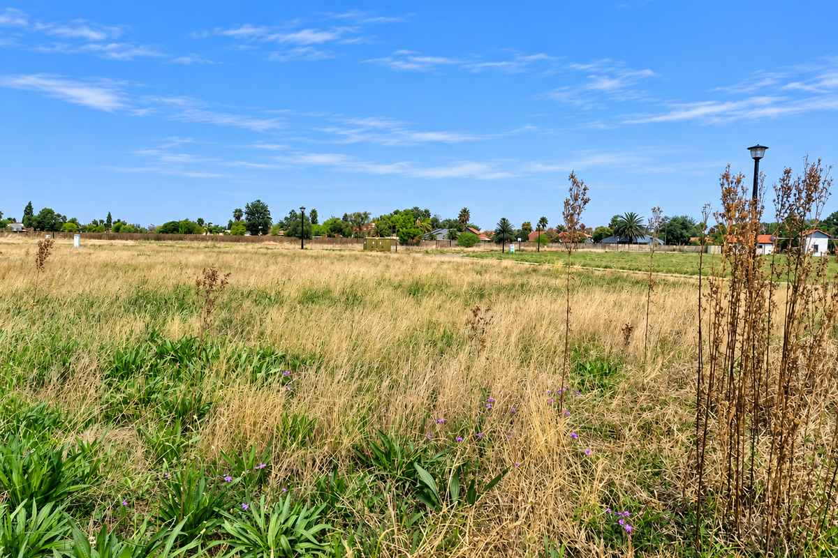 A wide, open vacant residential plot featuring natural grass and vegetation with existing street lighting infrastructure.