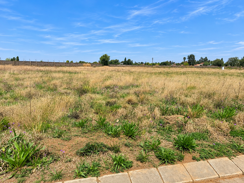 A vacant residential plot featuring natural grass coverage, a perimeter boundary wall, and a paved verge, offering a clear space for future development.
