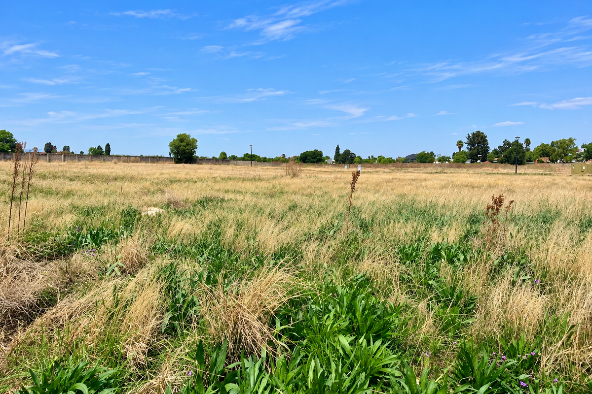A wide, open residential vacant land plot featuring natural grass coverage and a perimeter boundary wall in the background.