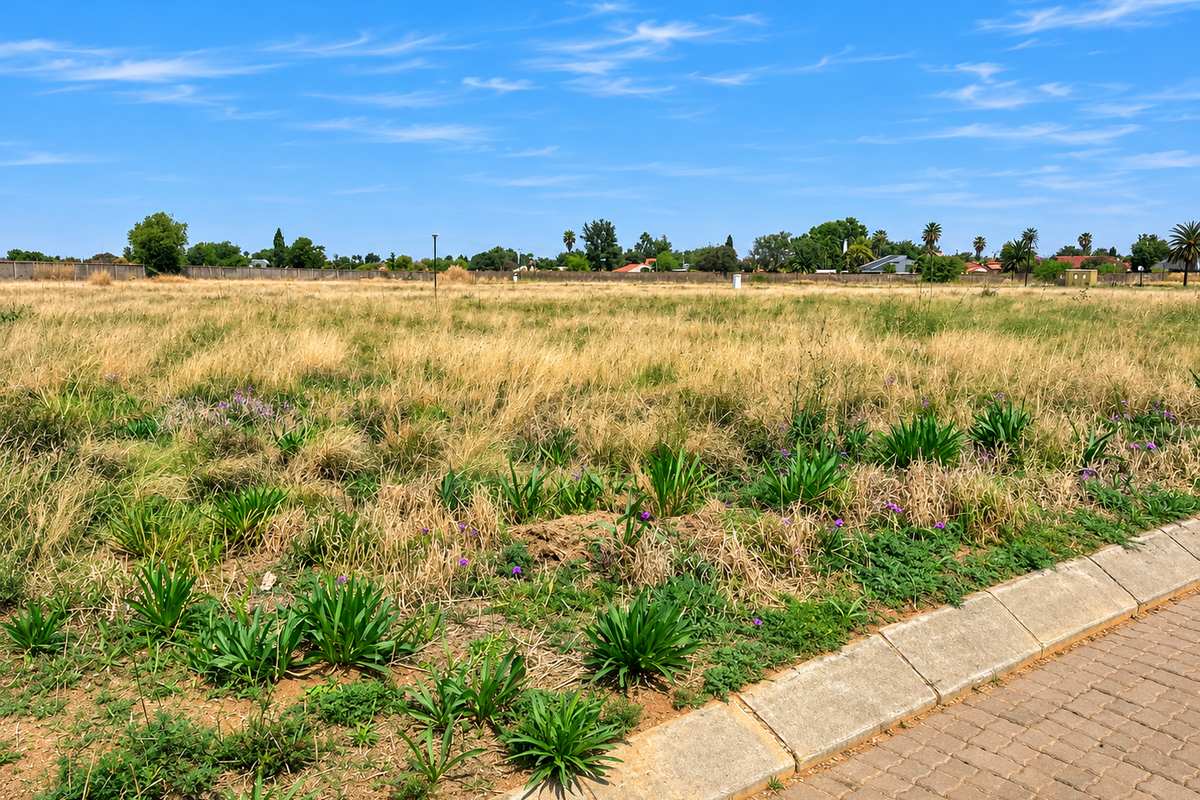 A vacant residential plot featuring natural grass coverage, a paved curb, and a perimeter boundary wall in the background.