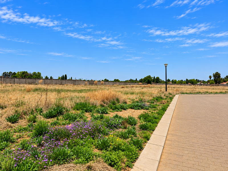 A vacant residential plot featuring a paved driveway, perimeter walling, and established landscaping, ready for development.