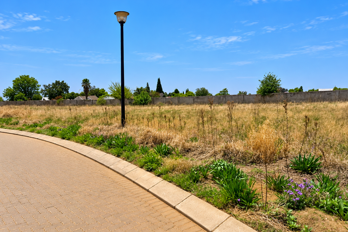 A view of a vacant residential plot featuring a paved driveway, concrete kerbing, a street lamp, and a perimeter wall.