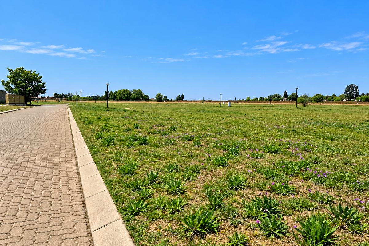 A vacant residential plot featuring a paved driveway, established kerbing, and street lighting, ready for development in a clear, open setting.