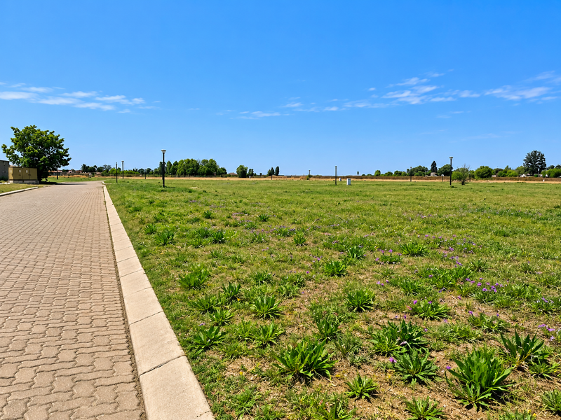 A vacant residential plot featuring a paved driveway, established kerbing, and street lighting, ready for development in a clear, open setting.