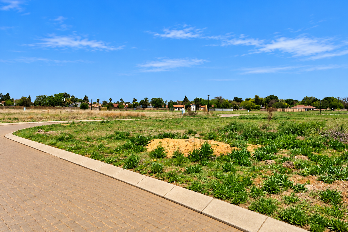 A view of a vacant residential plot featuring a paved driveway and concrete curbing, ready for development.