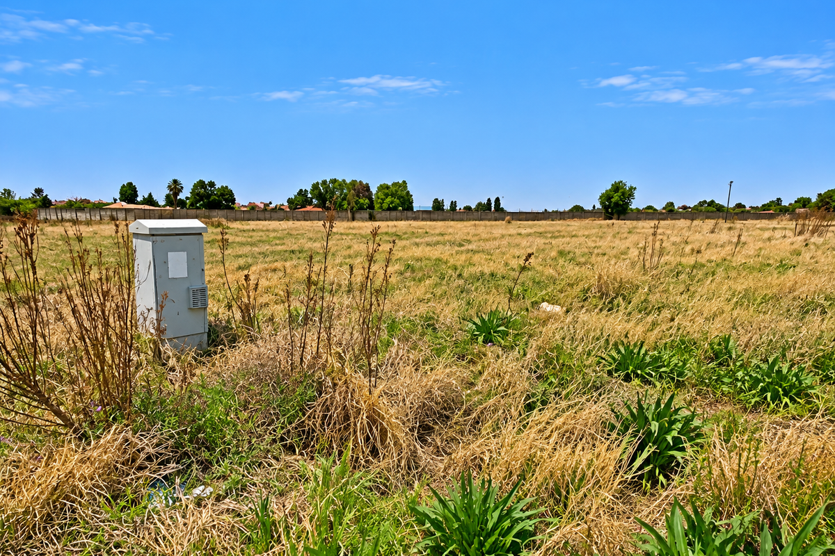 A vacant residential plot featuring dry grass, a perimeter boundary wall, and an installed electrical utility box.