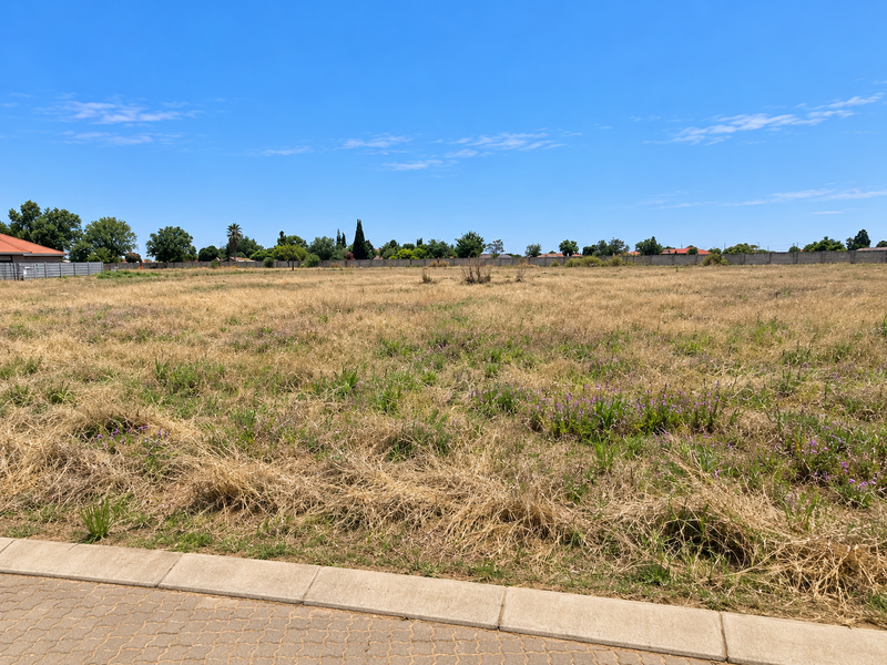 A vacant residential plot featuring dry grass, a paved curb, and a perimeter boundary wall, offering a clear space for future development.