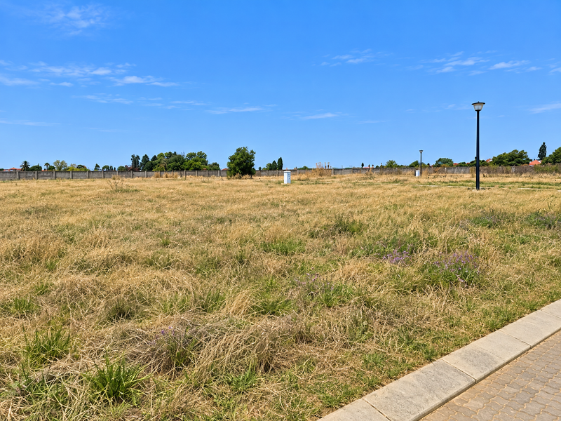 A large, level vacant residential plot featuring dry grass, perimeter walling, and established street lighting, ready for development.