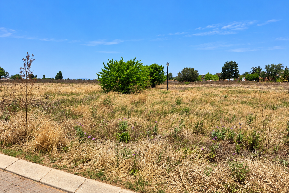 A vacant residential plot featuring dry grass, a street lamp, and a paved kerb, offering a clear space for future development.