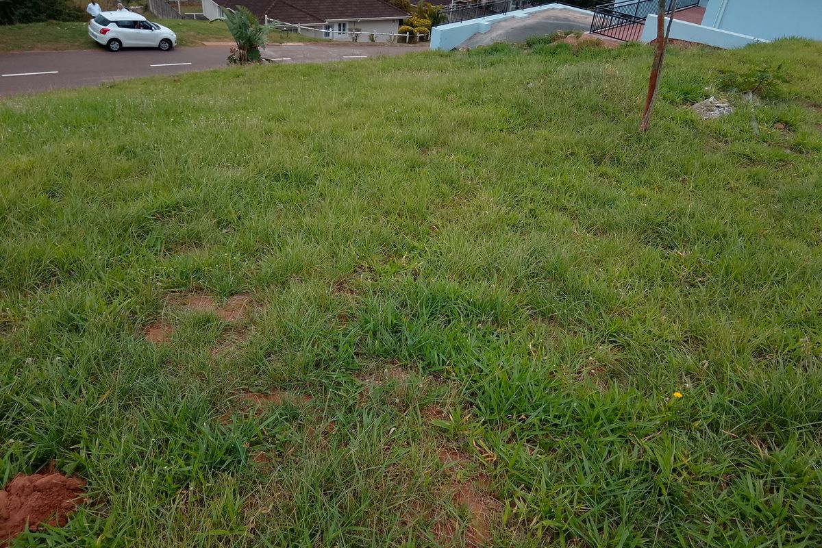 A view of a sloped, grass-covered vacant residential plot with surrounding neighborhood infrastructure visible in the background.