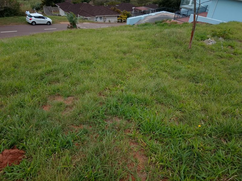 A view of a sloped, grass-covered vacant residential plot with surrounding neighborhood infrastructure visible in the background.