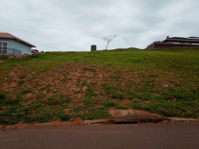 A vacant residential plot featuring a grassed slope, a water tank, and street-level stormwater drainage infrastructure.