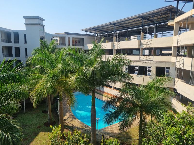 An elevated view of a communal swimming pool area surrounded by palm trees and a multi-level apartment parking structure.