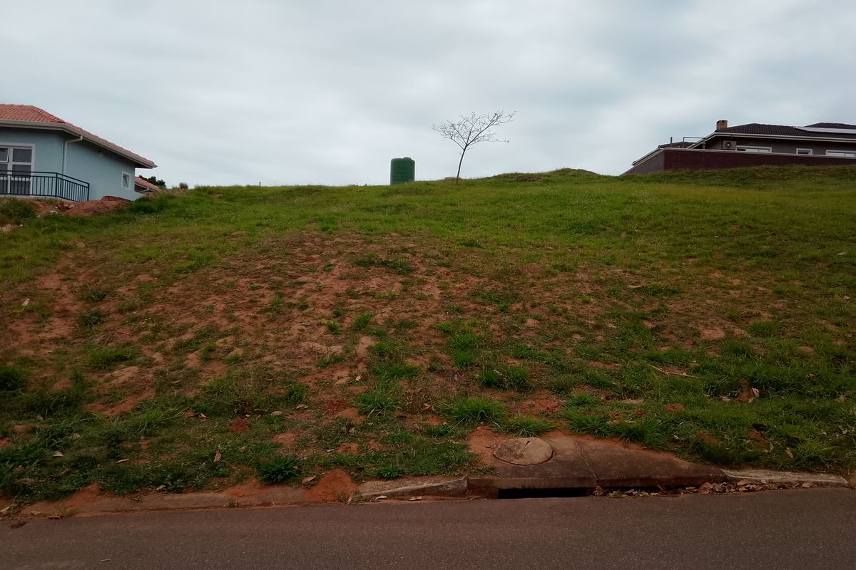 A vacant residential plot featuring a grassed slope, a water tank, and street-level stormwater drainage infrastructure.
