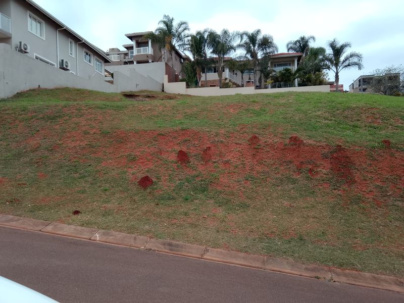 A sloped residential vacant land plot featuring red soil, grass cover, and an adjacent paved road with neighboring properties visible in the background.
