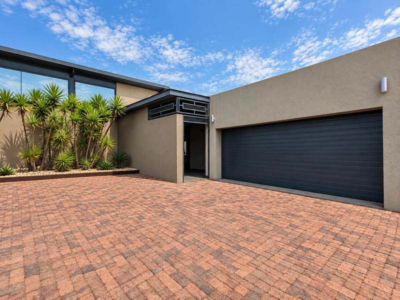Modern front exterior featuring a paved driveway, a large sectional garage door, and contemporary architectural design with clean lines and integrated lighting.