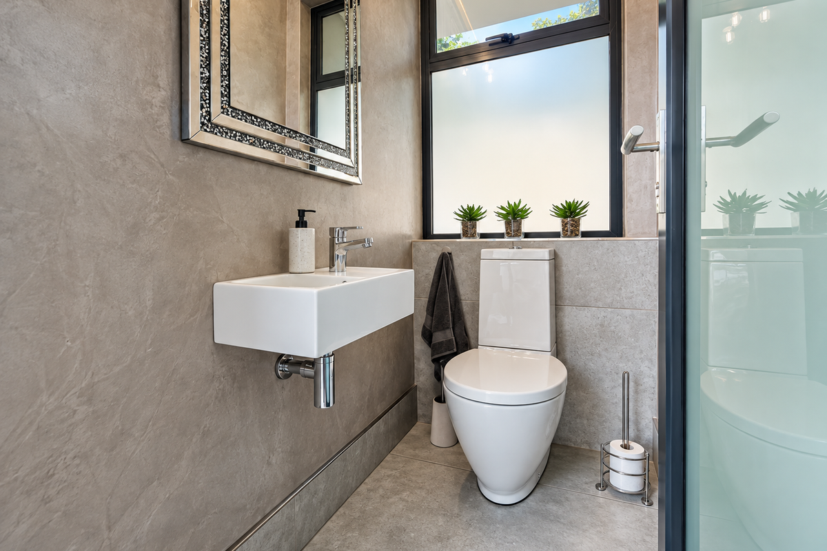 A modern, compact bathroom featuring a wall-mounted basin, back-to-wall toilet, and neutral tiled finishes with a frosted glass window.