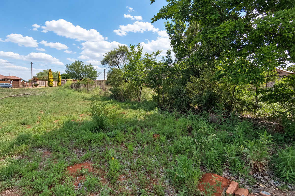 A view of a vacant residential plot featuring natural vegetation, mature trees, and perimeter fencing under a clear blue sky.