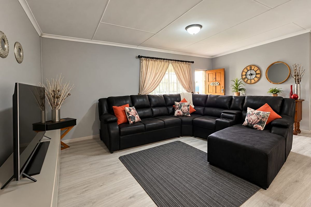 A well-maintained living room featuring light-toned laminate flooring, neutral grey walls, and a coved ceiling with a central light fixture.