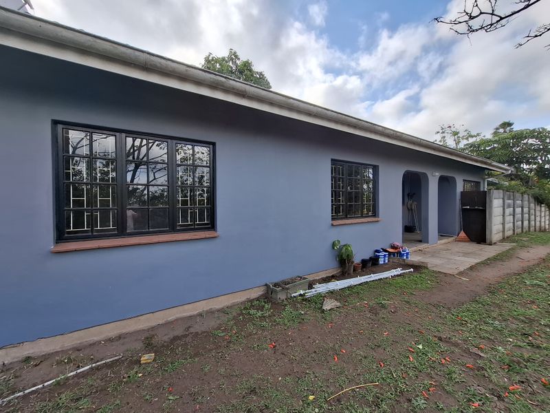 Rear exterior view of the house featuring blue painted walls, dark-framed windows with security bars, and a concrete patio area.