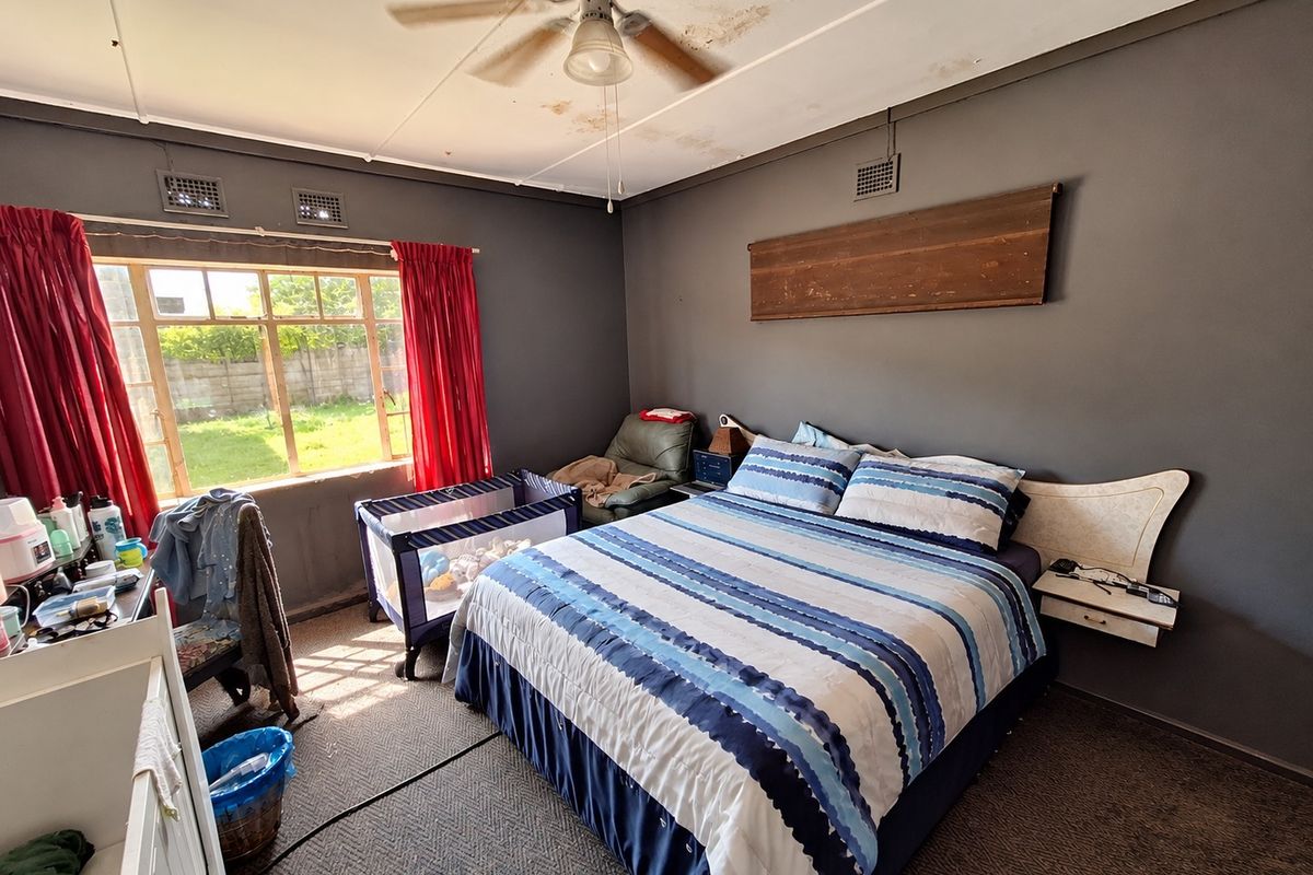 A bedroom featuring a ceiling fan, steel-framed windows, and carpeted flooring, showing signs of ceiling water damage and general wear.