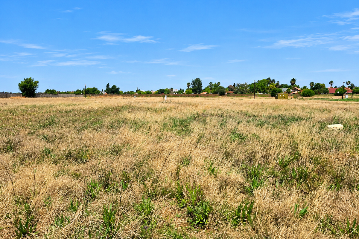 A wide, level vacant residential plot covered in dry grass, featuring a boundary wall and clear potential for future development.