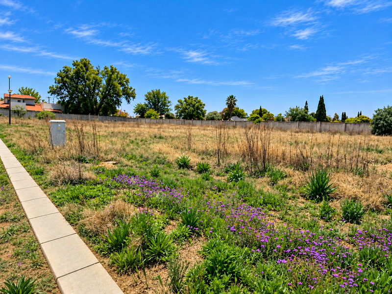 A vacant residential plot featuring a concrete pathway, perimeter wall, and established natural vegetation under a clear blue sky.