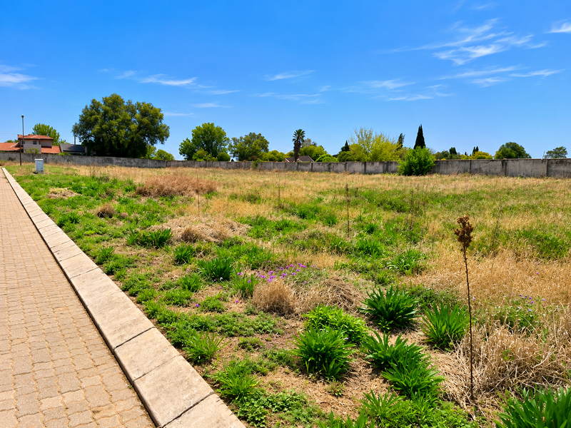 A vacant residential plot featuring a paved walkway along the side and a perimeter boundary wall, currently covered in natural vegetation.