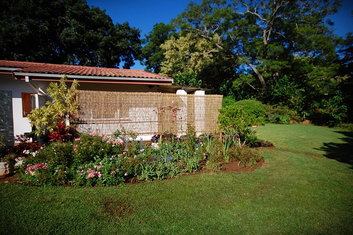 A view of the rear exterior of the cottage, featuring a well-maintained garden, lawn area, and a bamboo privacy screen along the building wall.