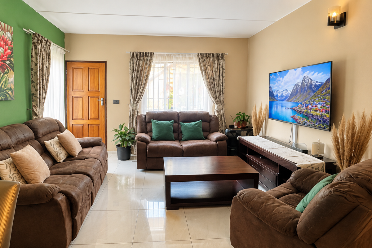 A well-maintained living room featuring polished tile flooring, a feature green wall, and a timber entrance door.