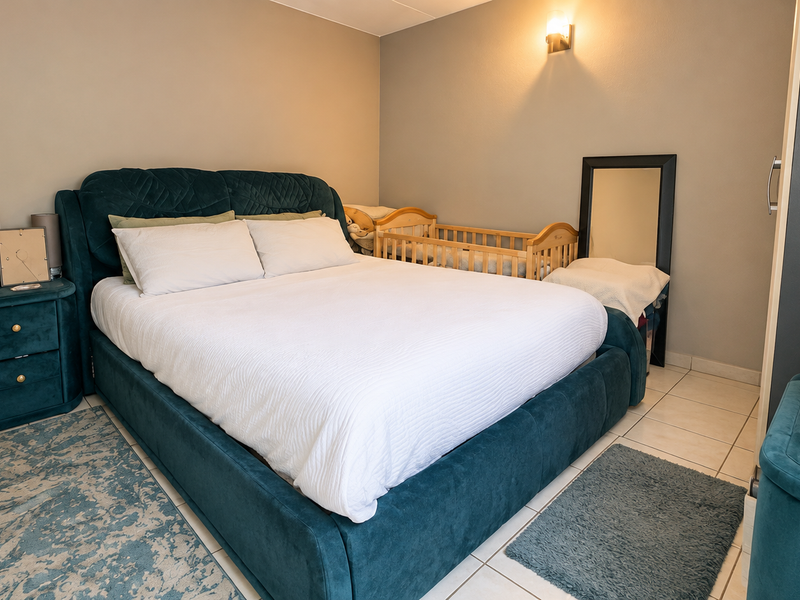 A well-maintained bedroom featuring tiled flooring, neutral wall tones, and a built-in wardrobe, providing a functional and comfortable living space.