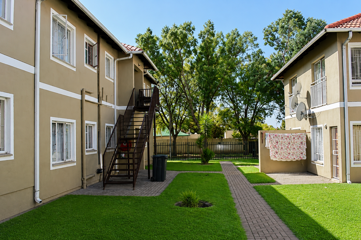 Rear view of the apartment complex featuring a communal garden, paved walkways, and external metal staircases providing access to upper levels.