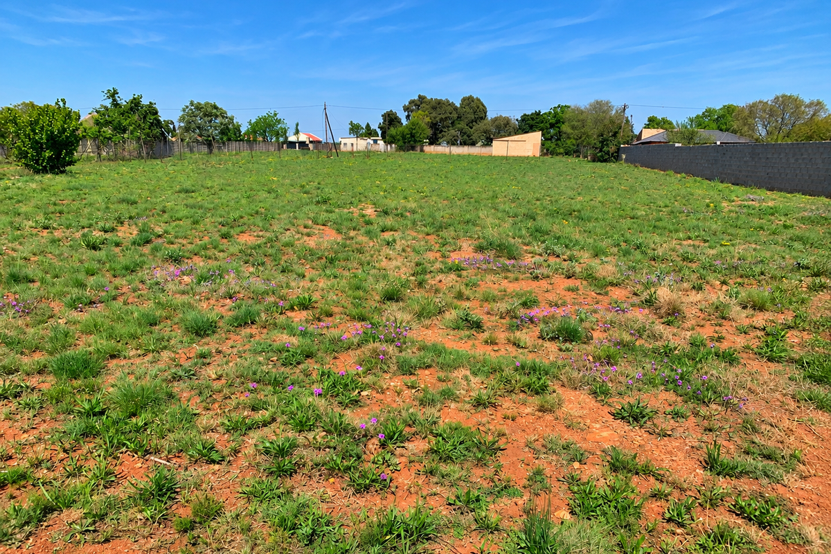 A spacious, level residential vacant land plot featuring natural grass cover and enclosed by perimeter masonry walls and fencing.